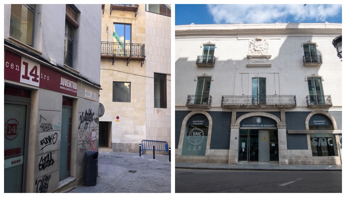 La sede provisional del Centro 14 y el edificio del Palas.