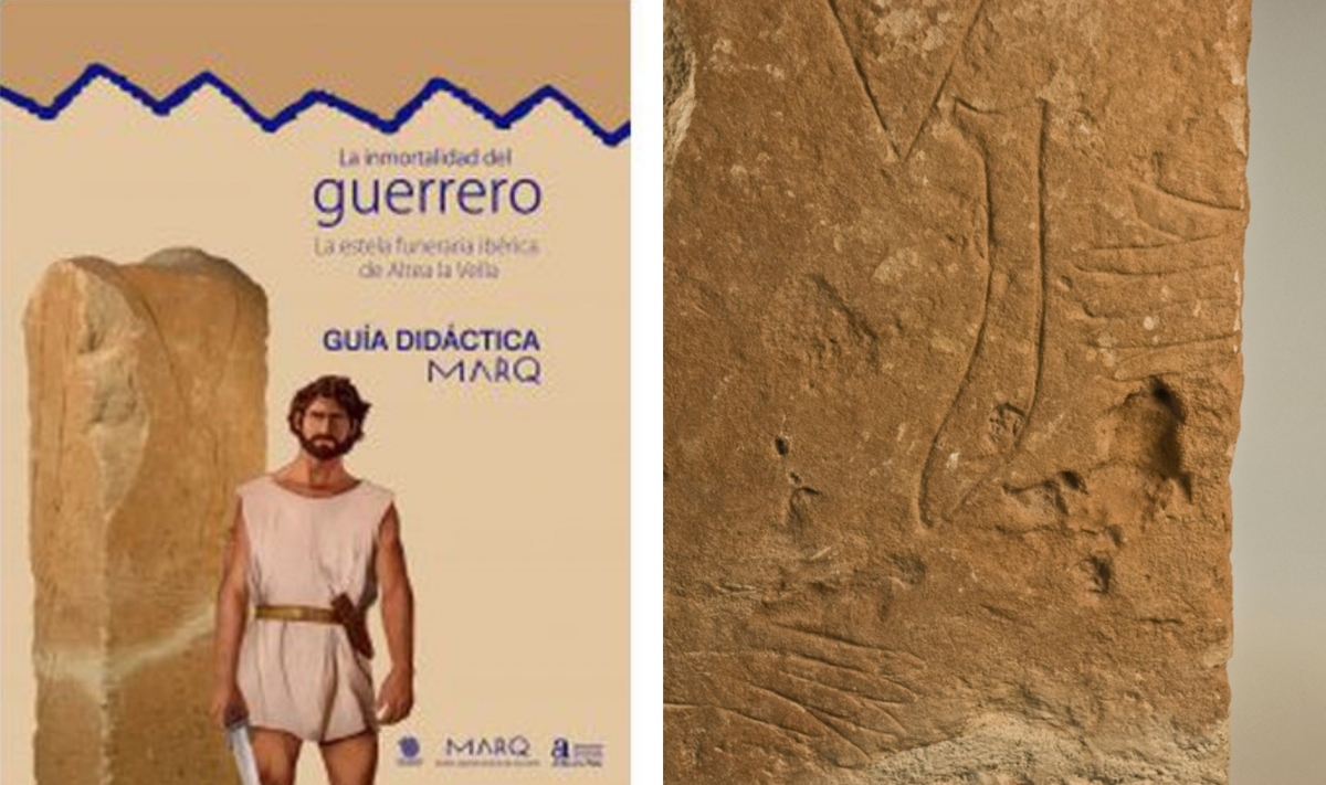 guía didáctica editada por el MARQ, y detalle de la estela - Foto: MARQ guía didáctica editada por el MARQ, y detalle de la estela