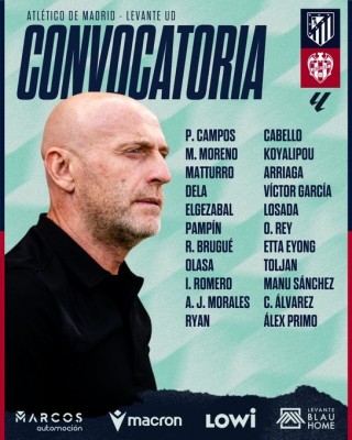 Esta es la convocatoria del Levante UD para jugar contra el Atlético de Madrid