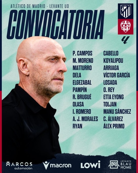 Esta es la convocatoria del Levante UD para jugar contra el Atlético de Madrid