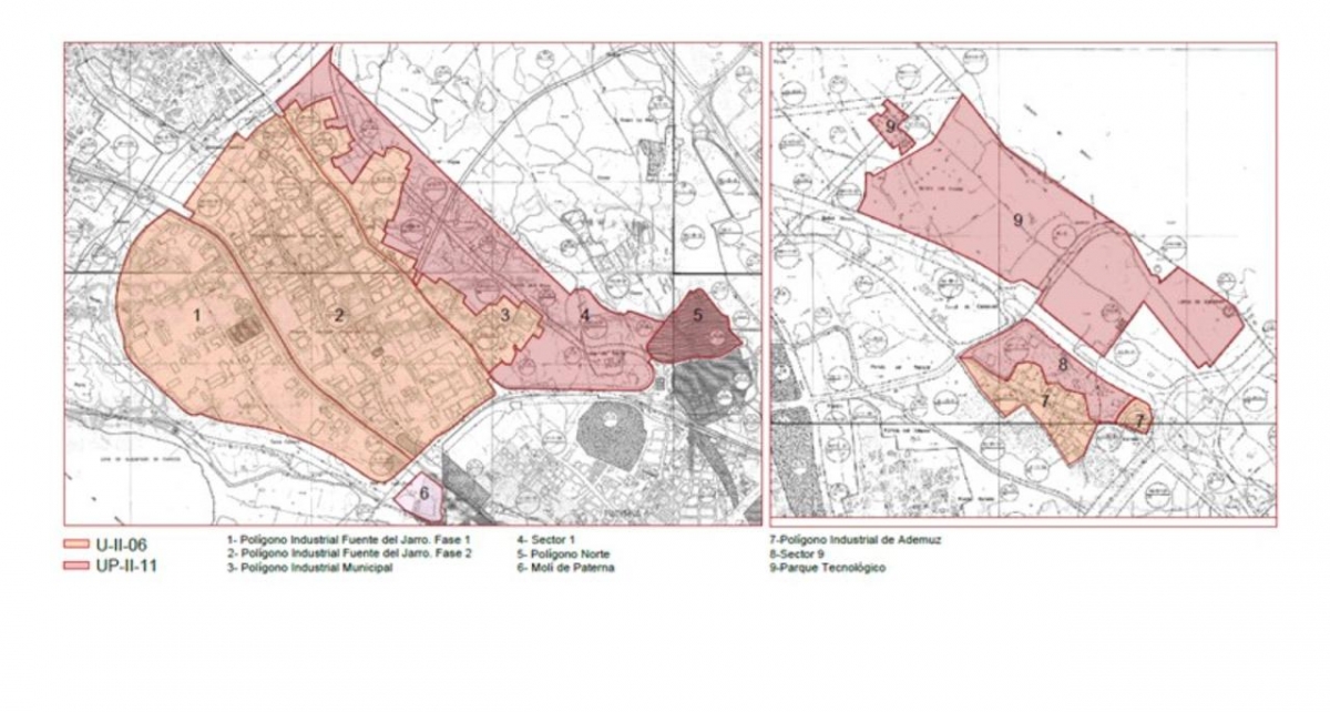 Áreas industriales de Paterna contempladas en la modificación.
