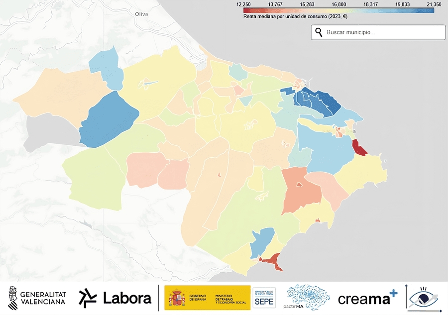 Este es el mapa de rentas de la Marina Alta: Les Rotes de Dénia es el barrio más rico; Vall d'Ebo, la 'isla' dorada del interior