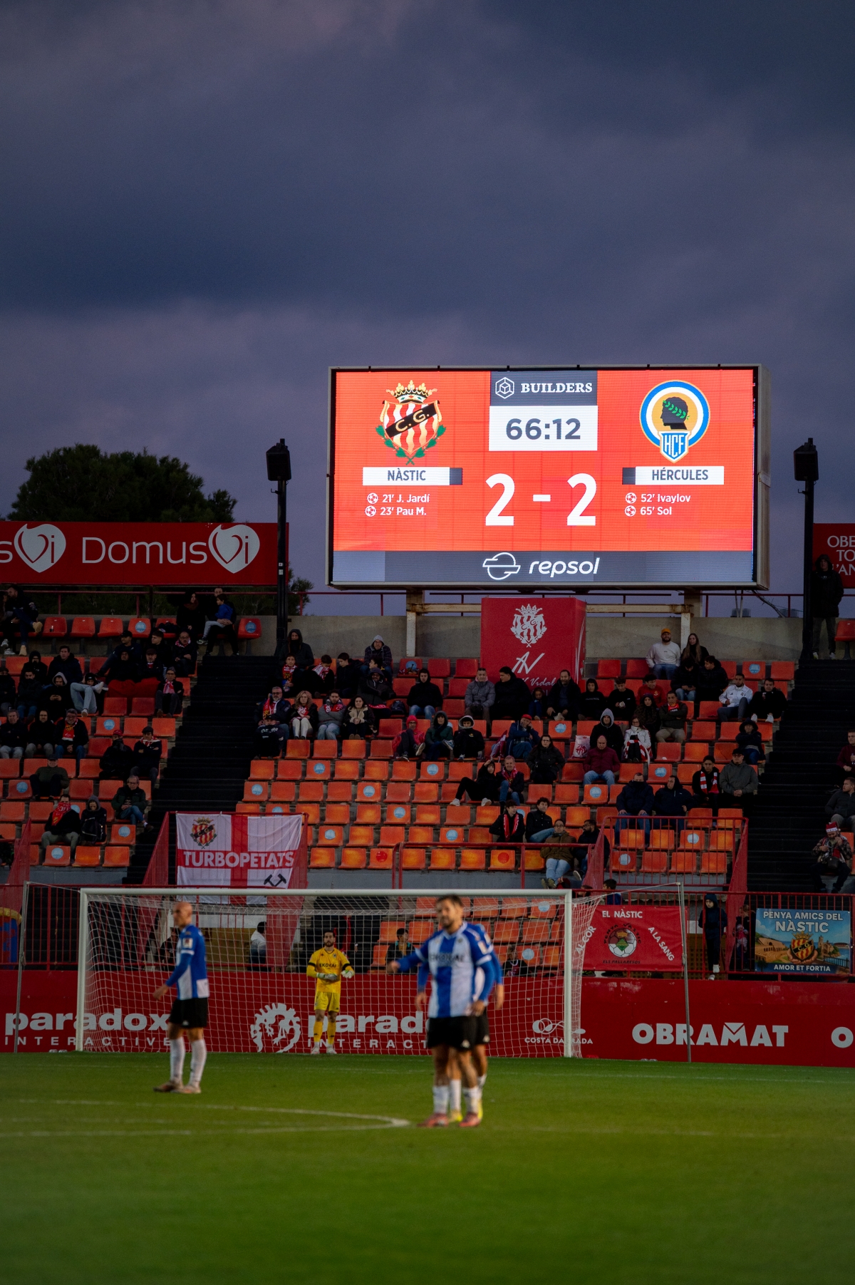 Videomarcador del Nou Estadi tras anotar Fran Sol - Foto: LOF Videomarcador del Nou Estadi tras anotar Fran Sol
