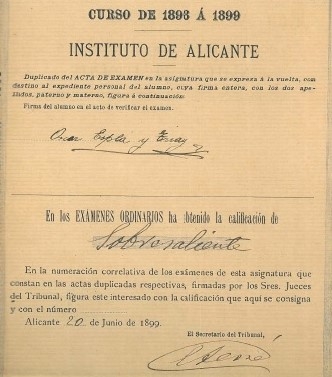 Acta de un examen de Óscar Esplá con 12 años - Fuente: Archivo Histórico Provincial de Alicante Acta de un examen de Óscar Esplá con 12 años