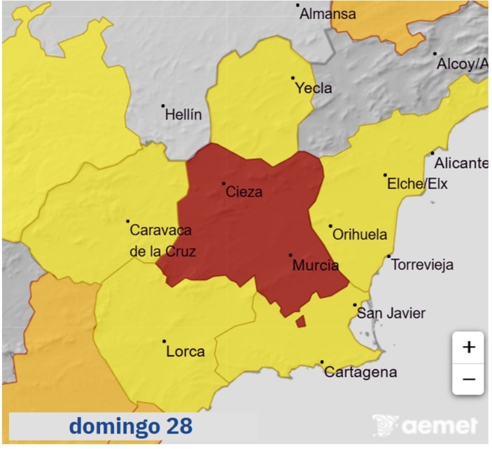 La Aemet activa la alerta roja por lluvias muy fuertes en la Vega del Segura de la Región de Murcia