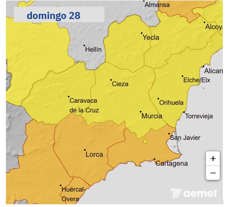 La Aemet vuelve a activar la alerta naranja por lluvias intensas en el Guadalentín, Lorca, Águilas, Cartagena y Mazarrón
