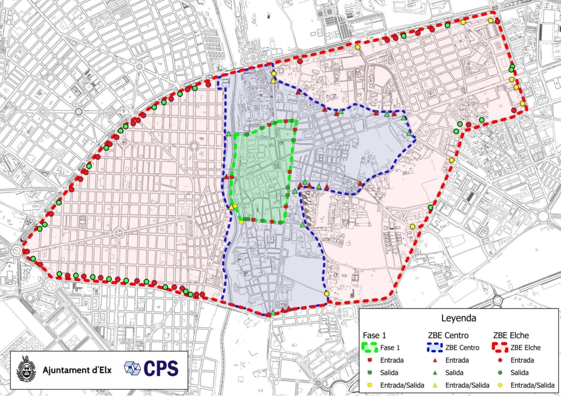 Inicio de la Zona de Bajas Emisiones de Elche con el etiquetado y restricciones: hasta 2030, solo para flota pública