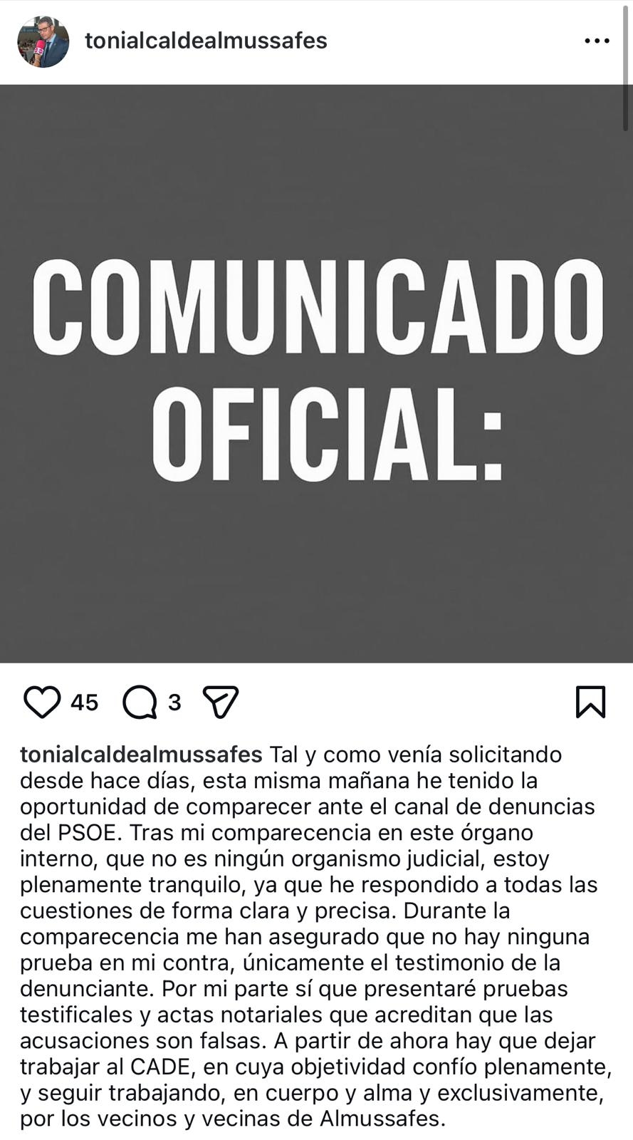 Comunicado oficial de Toni González en sus redes sociales.