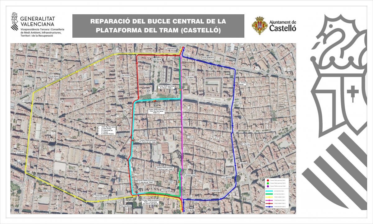Los recorridos habituales del Tram en el centro de Castelló cambiarán durante la reforma en la primera y la segunda fase.