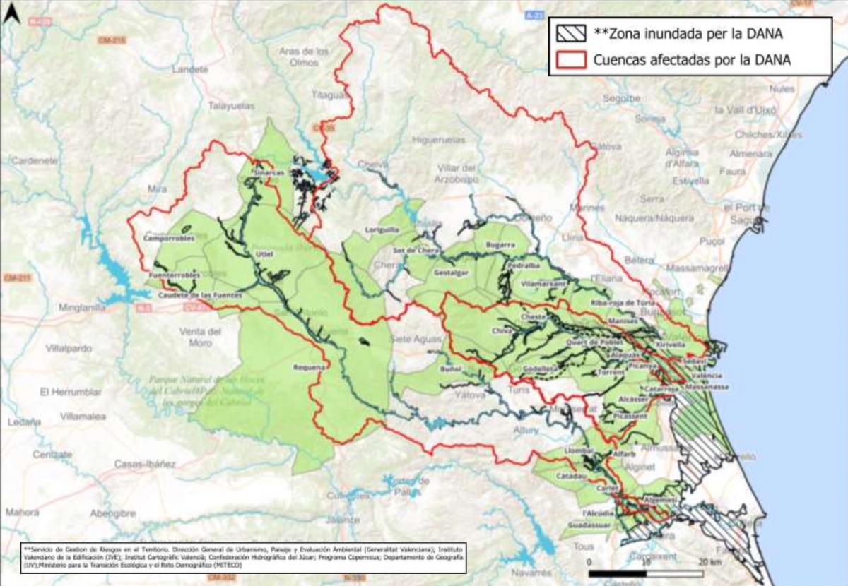 Cartografía de las zonas inundadas por la Dana del 29 de octubre de 2024.