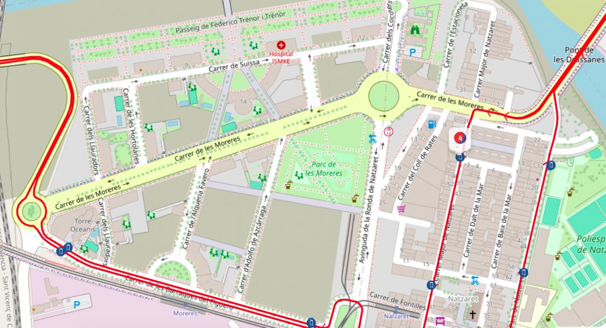 En rojo el trazado de las líneas 4, 30 y 95 en el entorno del IMSKE.