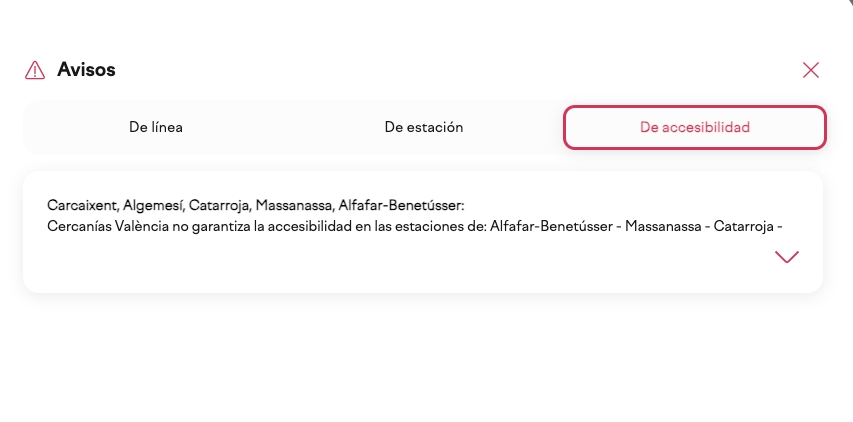 Aviso de accesbilidad en la web de Cercanías Valencia.