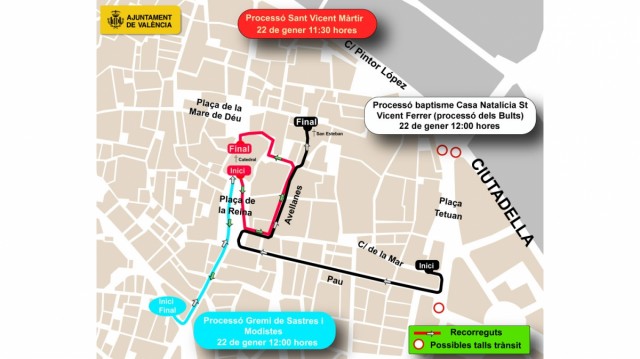 El Ayuntamiento de València ordena cortes de tráfico y restricción de estacionamiento por San Vicente Mártir