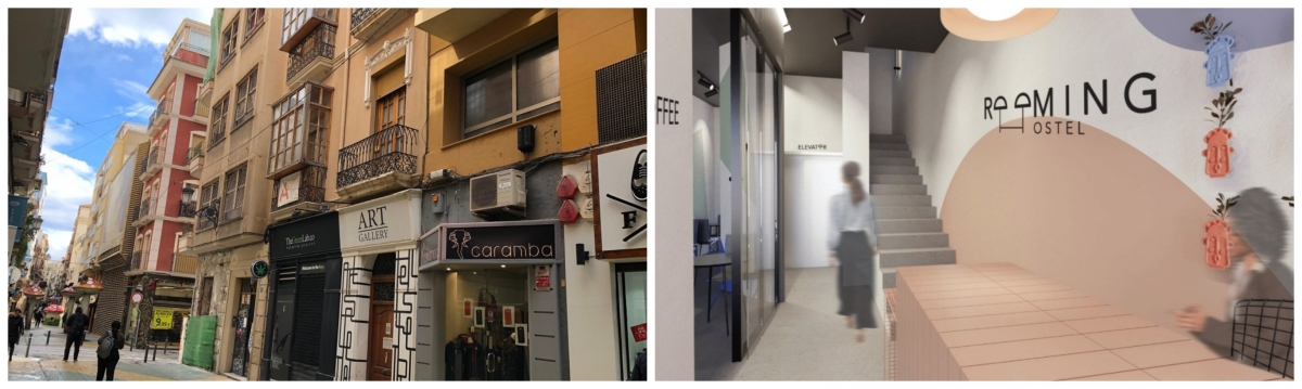 El edificio que albergará el hotel y la recreación virtual de su recepción.