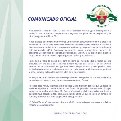 La Federación de Peñas del Elche pide a Bragarnik fichajes y un cambio de rumbo