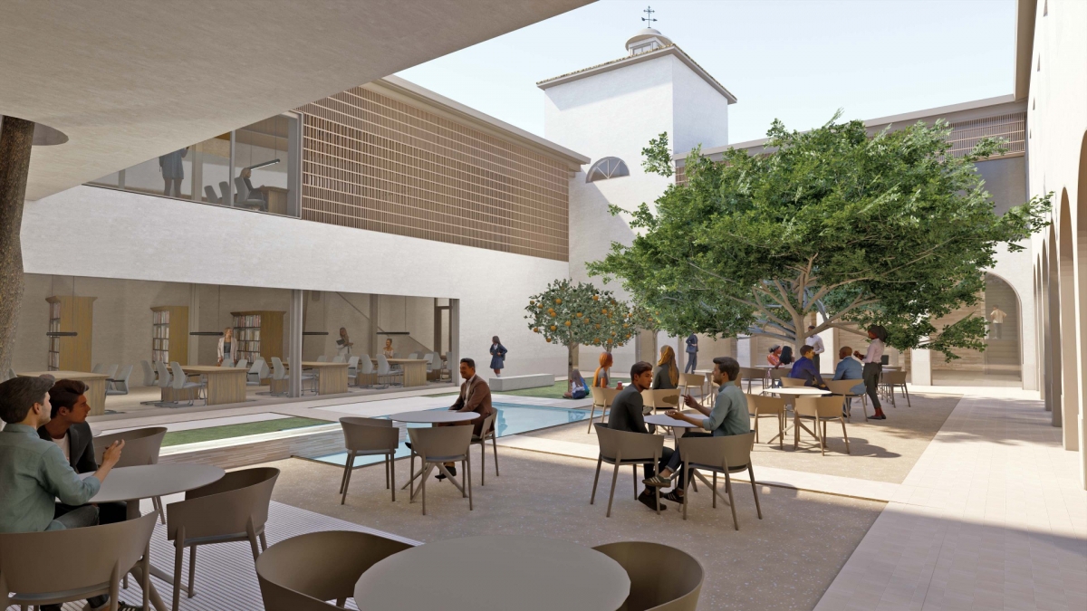 Cafetería con alberca y al lado, biblioteca - - Cafetería con alberca y al lado, biblioteca -