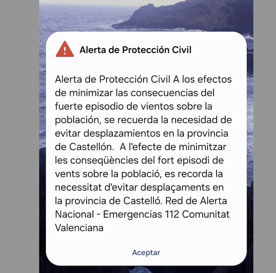 Emergencias envía un Es-Alert a toda la provincia de Castellón por el temporal de viento