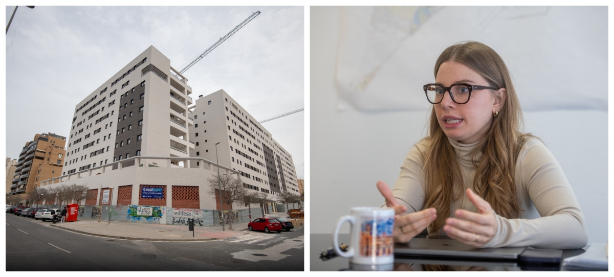 El edificio de VPP durante su construcción, y la exedil Rocío Gómez.