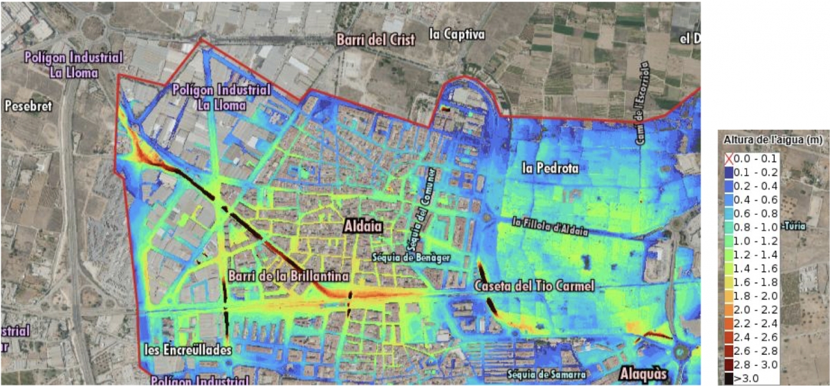Mapa de la inundación alcanzada en Aldaia el 29-O, elaborado por la UPV. - Foto: AYUNTAMIENTO DE ALDAIA Mapa de la inundación alcanzada en Aldaia el 29-O, elaborado por la UPV.