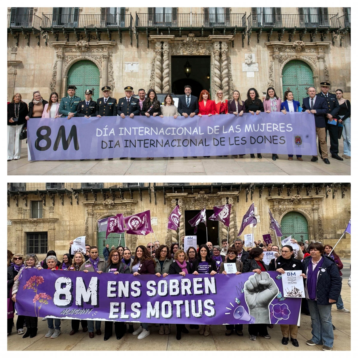 Las dos pancartas sobre el 8M exhibidas en la Plaza del Ayuntamiento de Alicante.