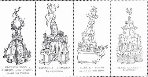 Bocetos de las fallas de 1949 sacadas del llibret faller de aquel año.