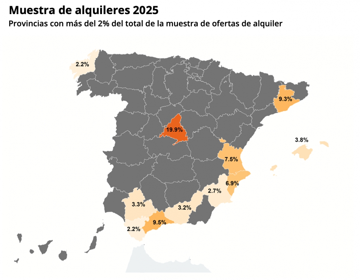 El mapa con la muestra de alquileres, según el informe.
