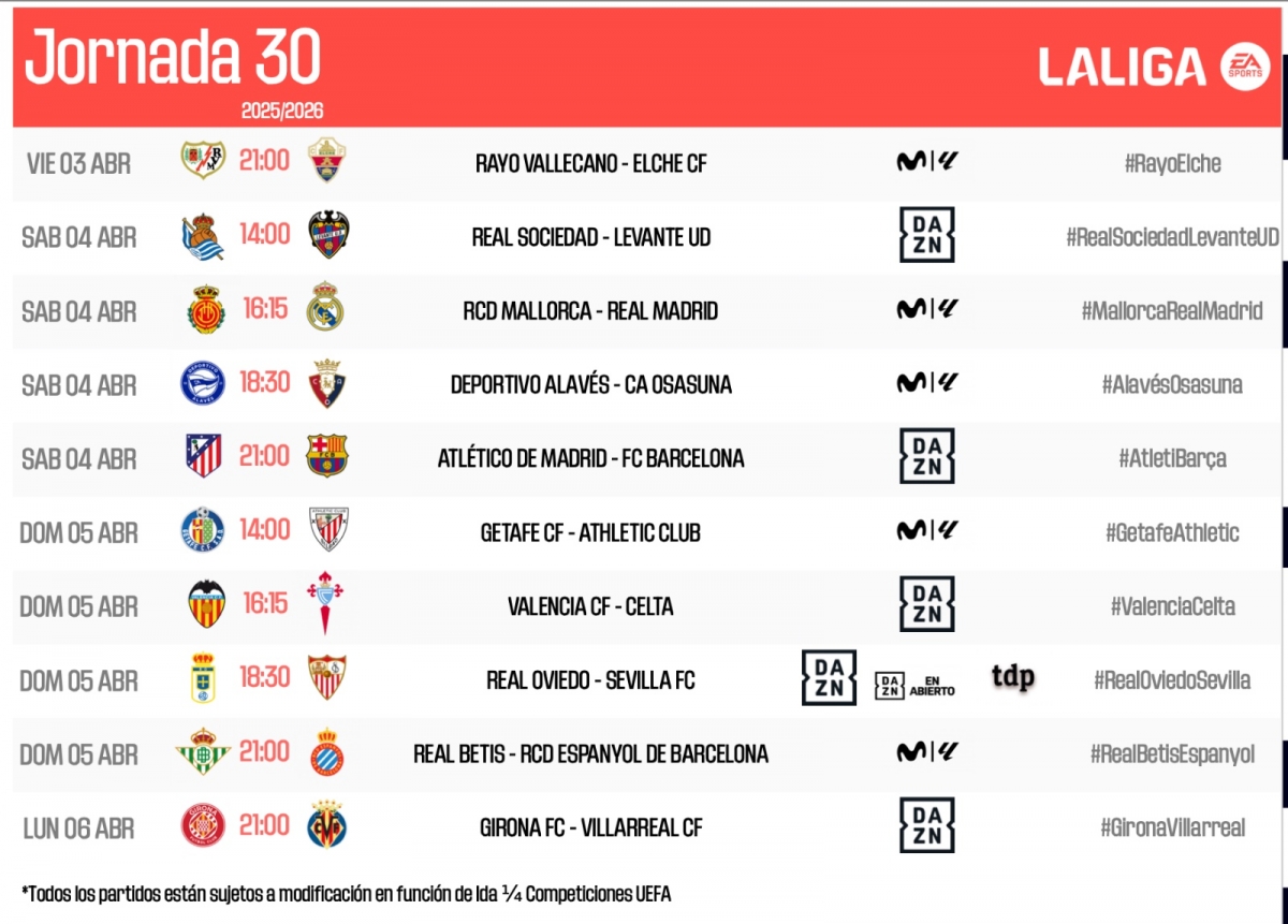Valencia CF y Levante UD ya conocen el horario de la jornada 30