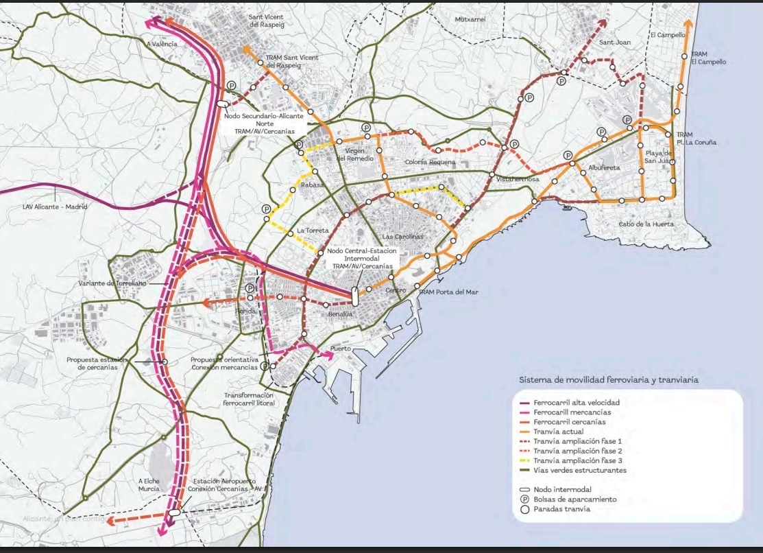 Plano con la prolongación de las vías del Tram y los parkings disuasorios.