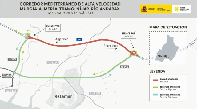 La A-7 cortará dos tramos por las obras del AVE de la línea entre Murcia y Almería