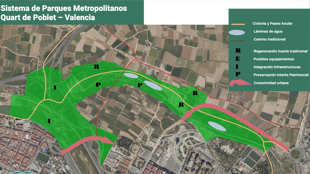 Sistema de parques metropolitanos que conectan Quart de Poblet con València.