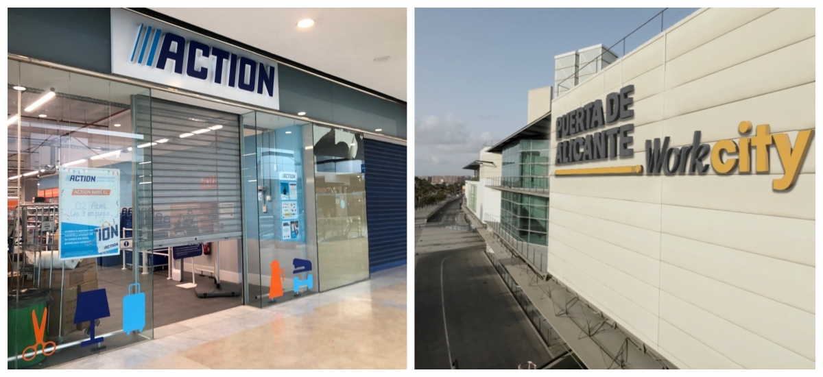 El acceso a la tienda de Action y recreación del rótulo de Puerta de Alicante Work City.