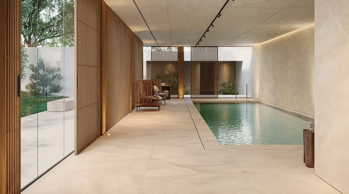 Ambiente Limestone Sand (Porcelanosa) como revestimiento, pavimento y vaso de la piscina - Ambiente Limestone Sand (Porcelanosa) como revestimiento, pavimento y vaso de la piscina