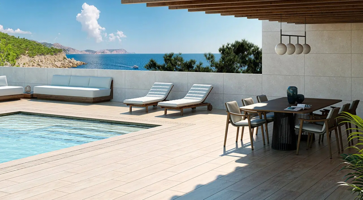 Terraza con sistema STEX (suelo técnico elevado exterior) y sistema de drenaje Pool-Deck, de Butech - Terraza con sistema STEX (suelo técnico elevado exterior) y sistema de drenaje Pool-Deck, de Butech