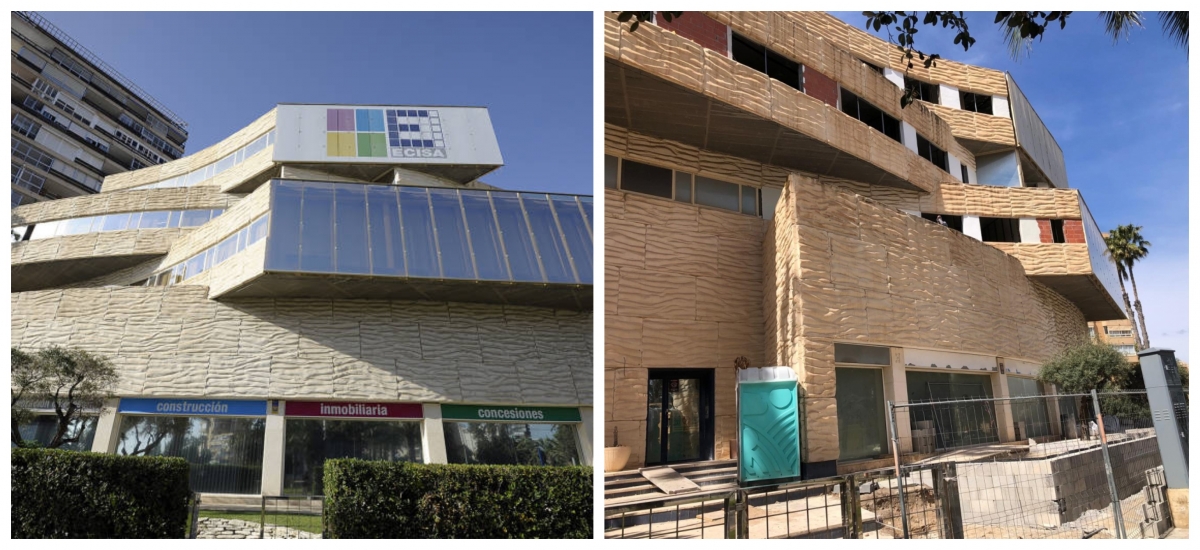 El edificio, cuando todavía acogía la sede de Ecisa, y su estado actual.