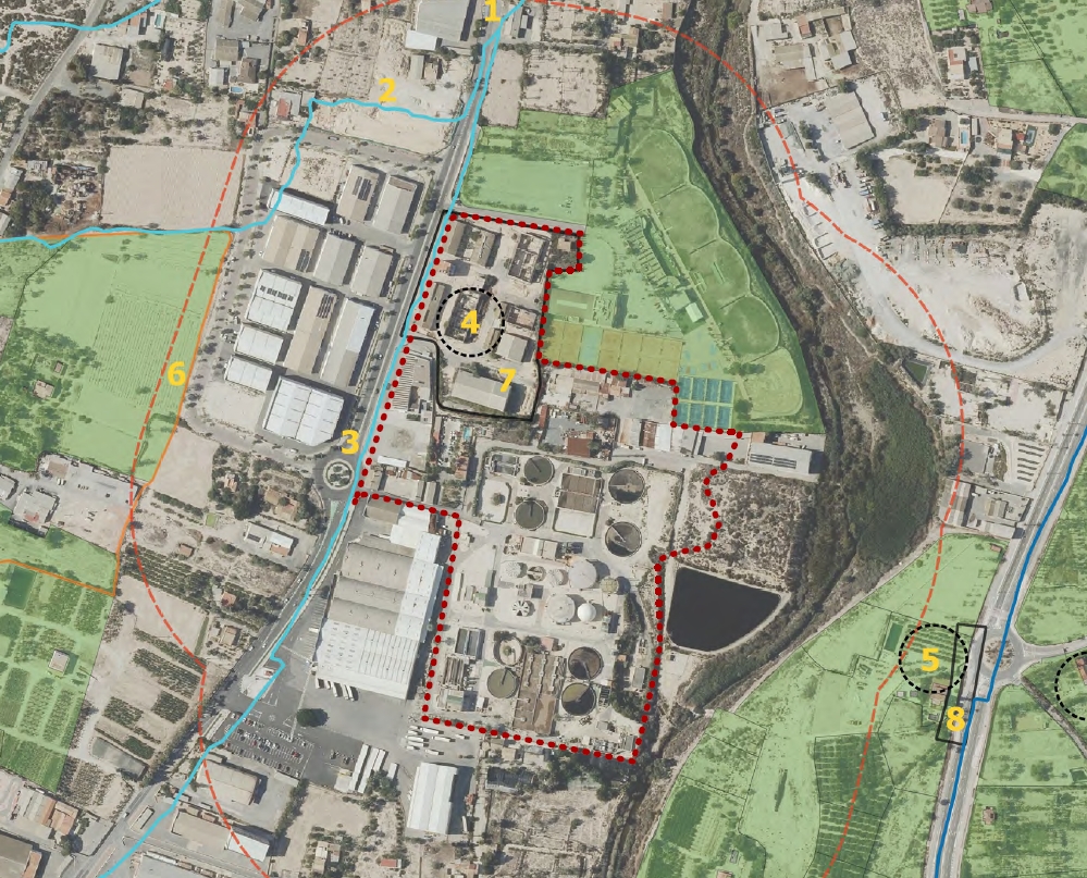 En rojo área de actuación, en naranja de catas, y en verde, huertos de palmeras diseminados -