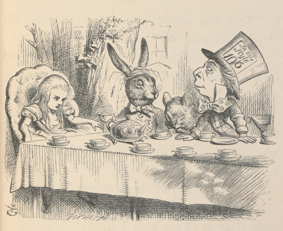 Alicia en la fiesta del té del Sombrerero Loco, ilustración para Alicia en el País de las Maravillas de John Tenniel.
