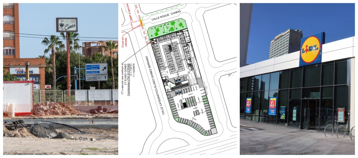 El solar, el plano de la actuación y una tienda de Lidl.
