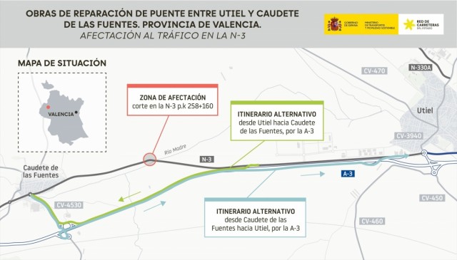 Transportes ejecuta las obras de renovación del puente de la N-3 entre Utiel y Caudete de las fuentes