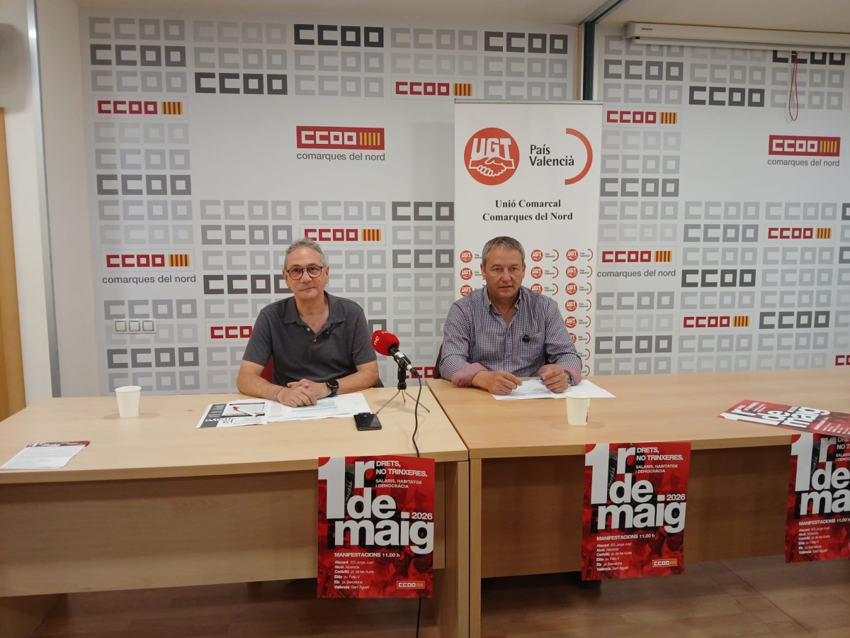UGT y CCOO llaman a la movilización en Castellón por el 1º de Mayo con el foco en salarios, vivienda y la defensa de las políticas de izquierda  