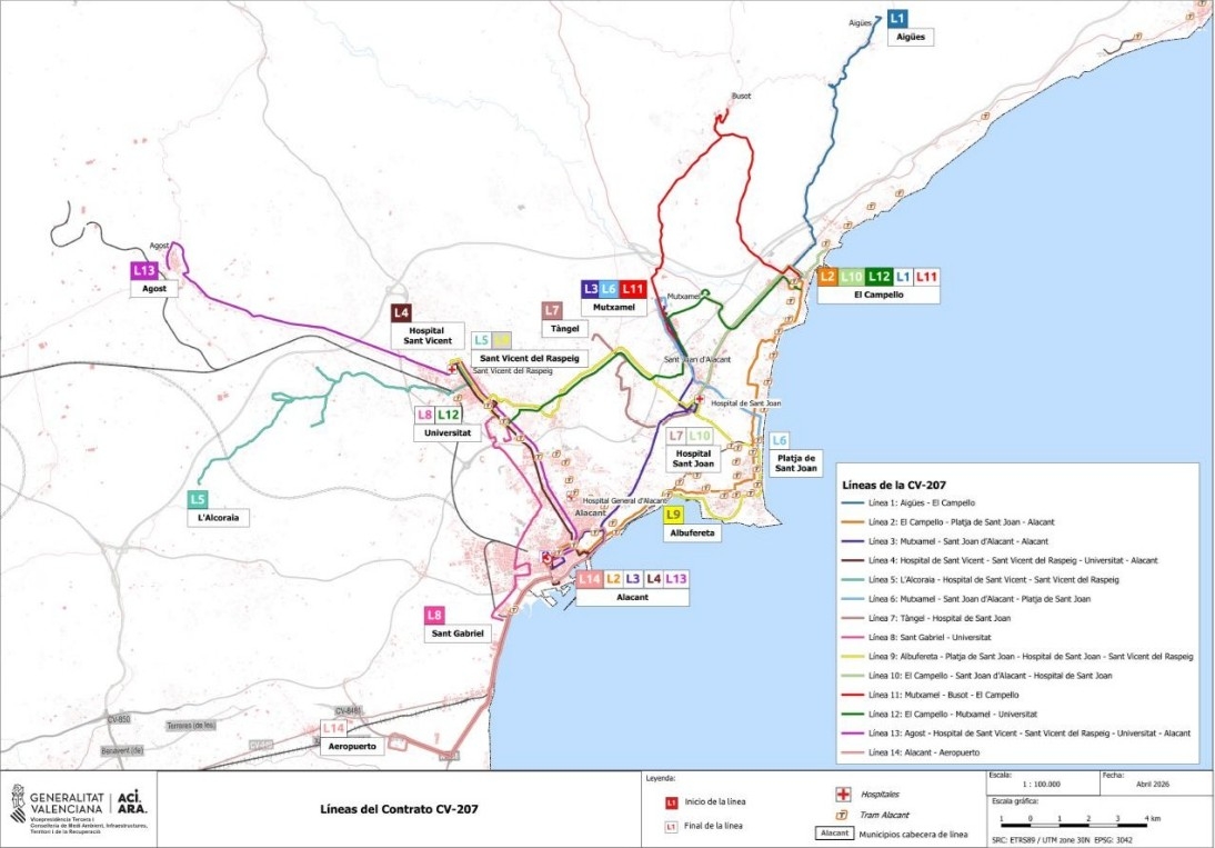 El plano de configuración de líneas del futuro transporte metropolitano de Alicante.