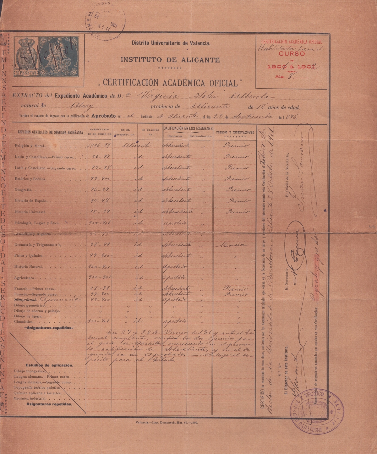 Expediente del Instituto de Alicante de Virginia Soler