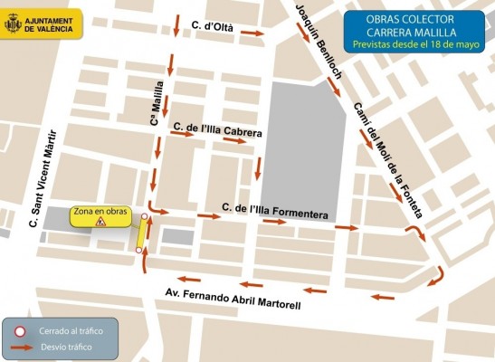 Desvío provisional para el tráfico de salida del barrio de Malilla