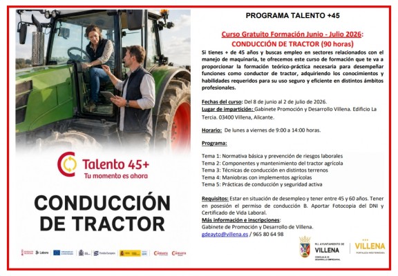 Villena lanza un curso gratuito de manejo de tractor agrícola para desempleados mayores de 45 años