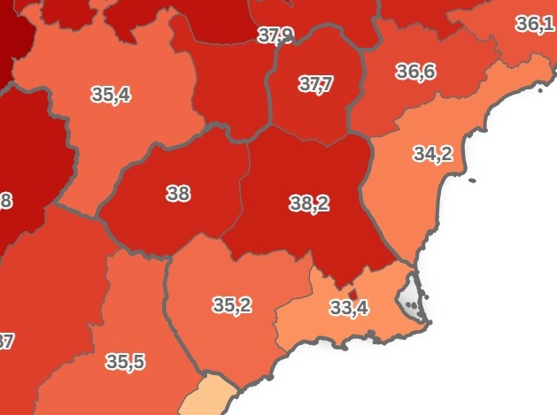 Mapa de los umbrales de temperatura dañinos en España.