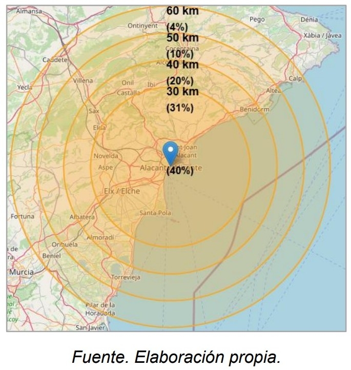 El mapa incorporado en el informe sobre la reducción de la demanda del ferrocarril desde Alicante a otras poblaciones.