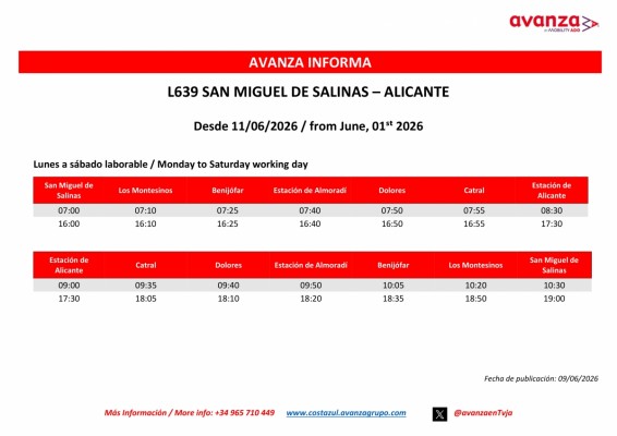 Los Montesinos logra adelantar tres horas el primer autobús a Alicante tras una reclamación municipal