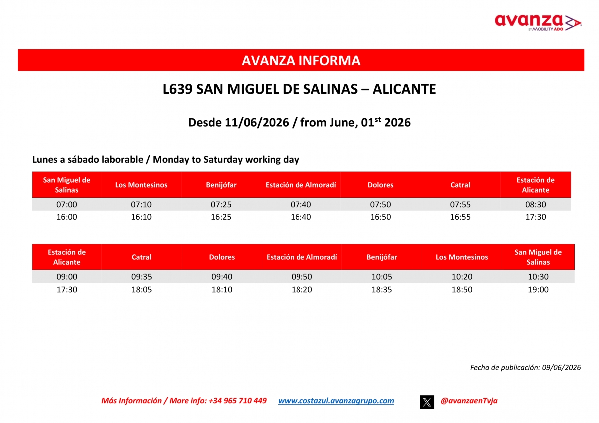 Los Montesinos logra adelantar tres horas el primer autobús a Alicante tras una reclamación municipal