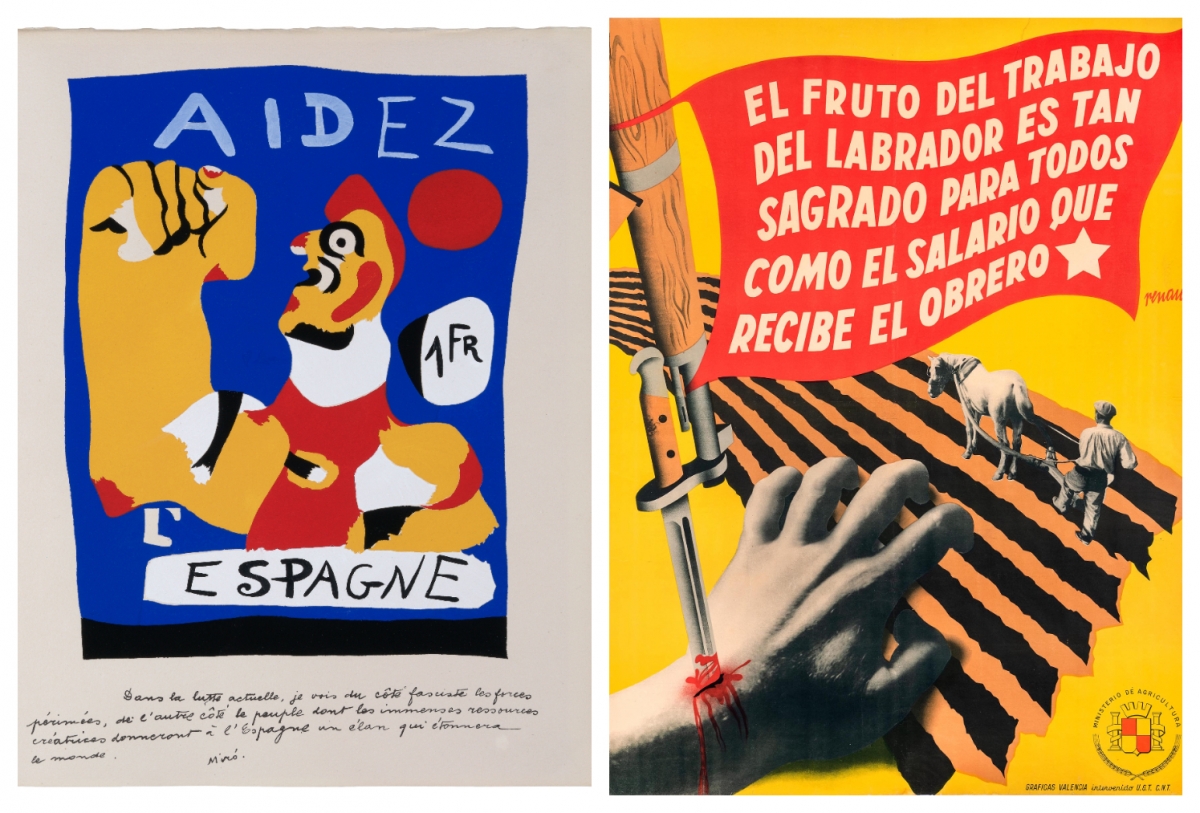 Joan Miró, Aidez l Espagne, 1937. IVAM / Josep Renau, El fruto del trabajo del labrador, ca. 1936-1939. IVAM.