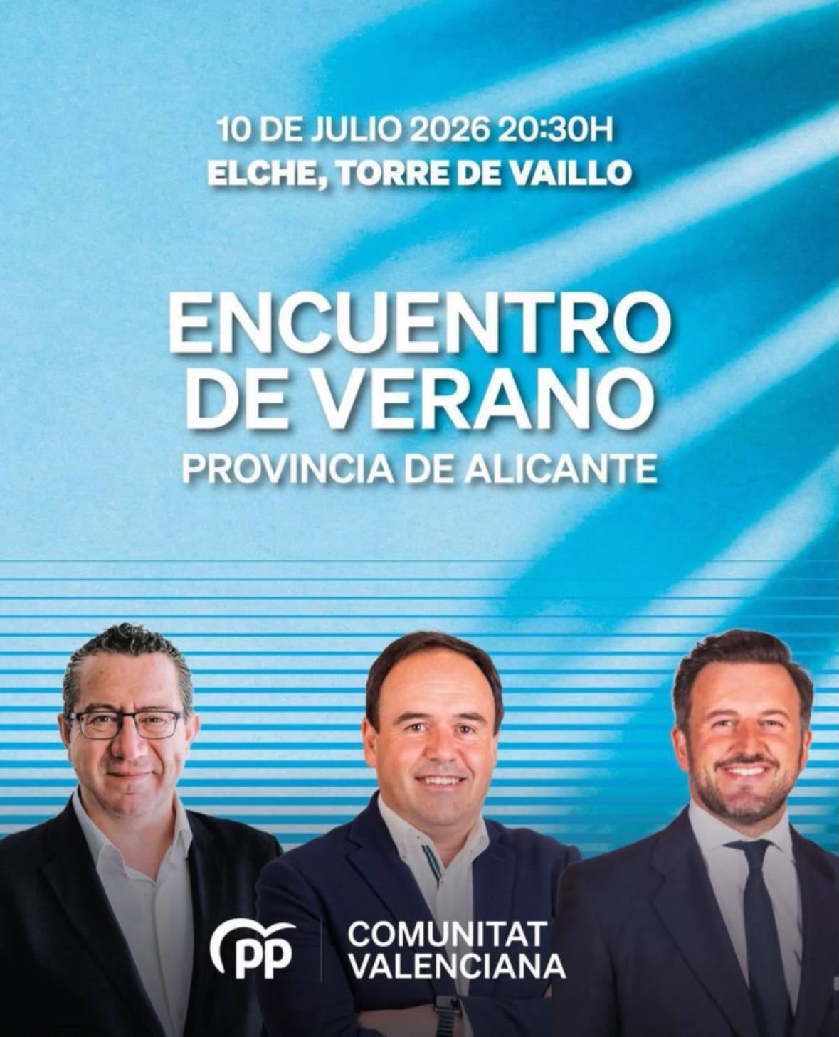 Cartel cena del PP en Elche, con Toni Pérez, Juanfran Pérez Llorca y Pablo Ruz. y - Foto: PPCV Cartel cena del PP en Elche, con Toni Pérez, Juanfran Pérez Llorca y Pablo Ruz. y