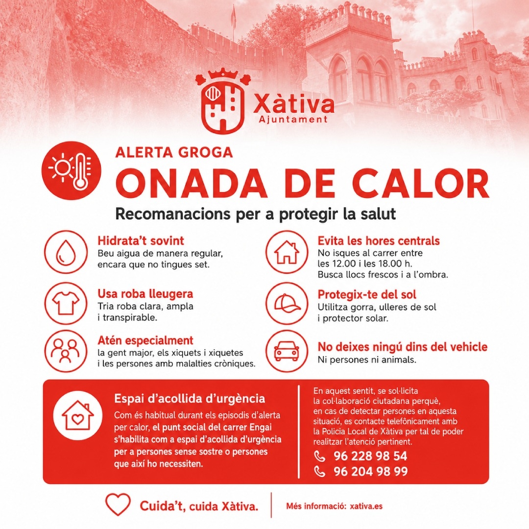 Recomendaciones del Ayuntamiento de Xàtiva ante la ola de calor este fin de semana.